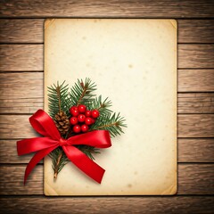 A distressed paper card with Christmas decorations, a red bow, berries and pine, on a wood background, with a cream-colored space for text or image.