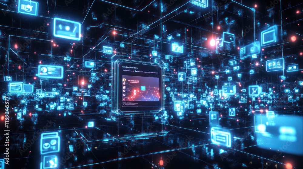 Poster Abstract network of glowing icons with digital interface.