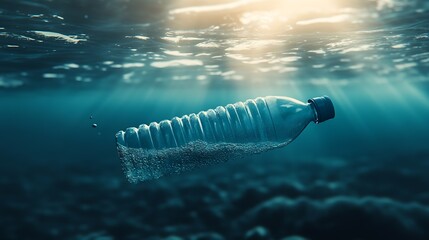 Underwater View of Plastic Bottle Highlighting Ocean Pollution Problem : Generative AI