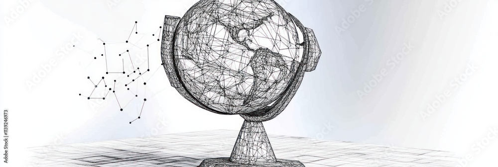 Poster Wireframe globe with a network floating.