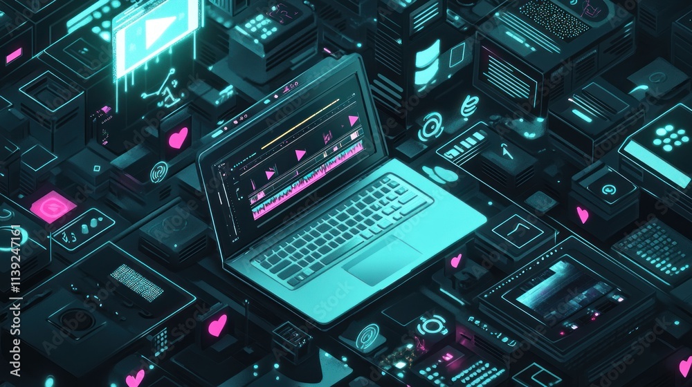 Poster digital laptop with software on a neon geometric platform.