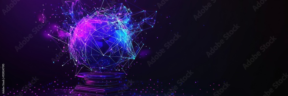 Poster futuristic globe with glowing, abstract, network structure and platform.