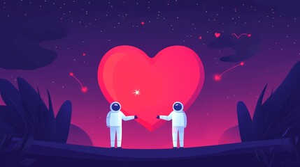 Obraz premium Two Astronauts Sharing a Heart in a Cosmic Landscape at Night with Shooting Stars and a Dreamy Atmosphere of Love and Wonder