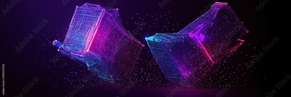Poster abstract, glowing 3d cubes floating.