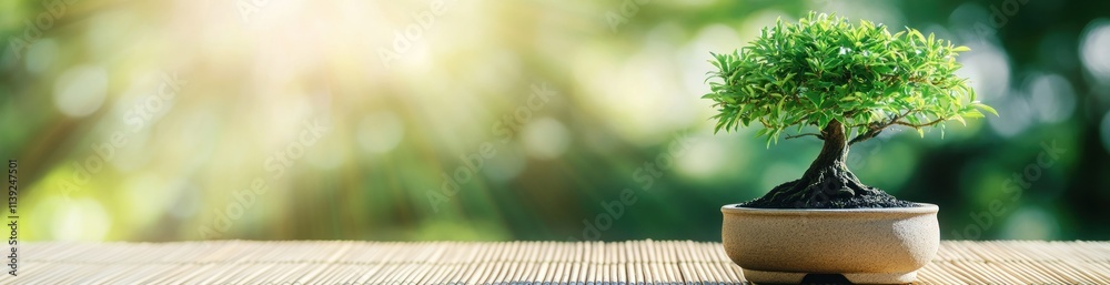 Poster Bonsai tree in pot on wooden surface with green bokeh background.
