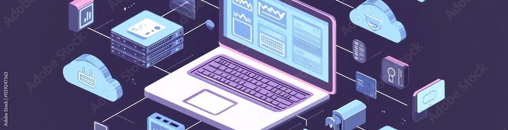 Poster Isometric computer network with cloud, server, smartphone and camera..