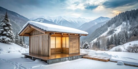 Serene Wooden Cabin nestled in a snow-covered mountain valley during a tranquil winter sunset