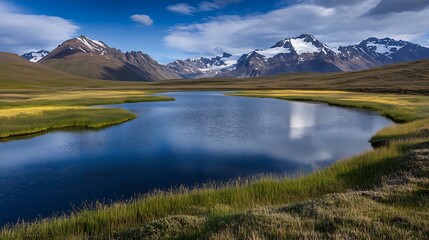 Obraz premium Serene mountain landscape with tranquil lake and blue sky under fluffy clouds : Generative AI