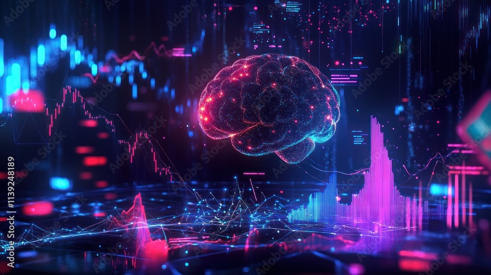 Fototapete brain data analysis, with glowing graph charts, and digital patterns.