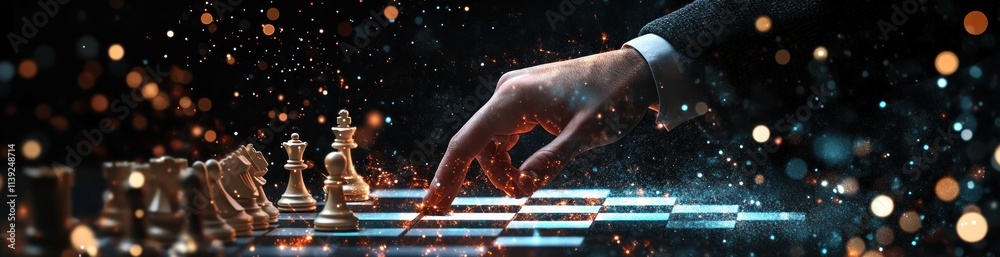 Poster Hand moves chess piece on board with bokeh and particles.