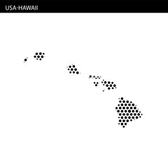 Outline map of Hawaii with hexagonal dotted pattern indicating the islands and geography