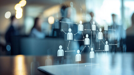 An abstract digital representation of an organizational chart, illuminated by soft daylight, highlighting the structure of a team in a modern office setting

