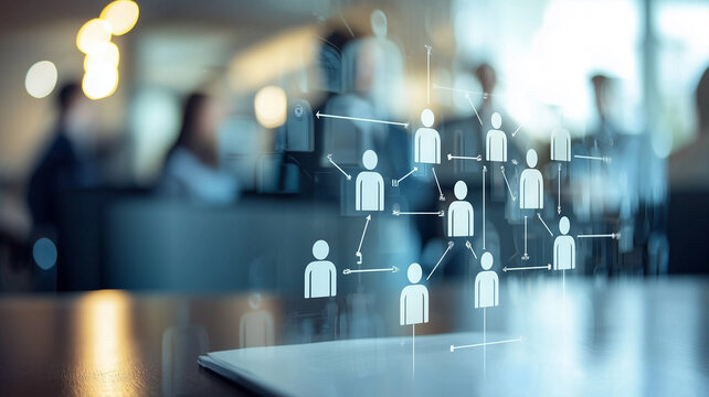 An abstract digital representation of an organizational chart, illuminated by soft daylight, highlighting the structure of a team in a modern office setting
