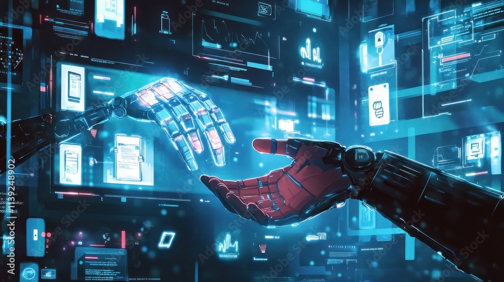Poster Two robot hands reach in front of a digital user interface.