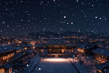 Fototapeta premium Snowfall Over Nighttime Palace Cityscape