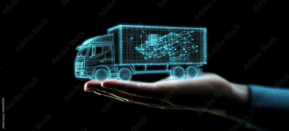 Poster hand holds wireframe truck with dotted line path.