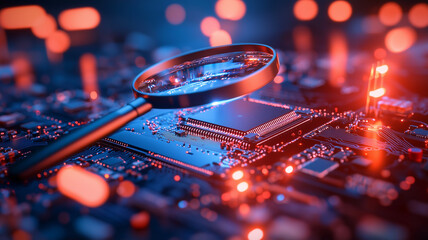 A detailed IT Security Risk Assessment concept depicted with a magnifying glass focused on a document within an abstract technological atmosphere, symbolizing scrutiny and protection.
