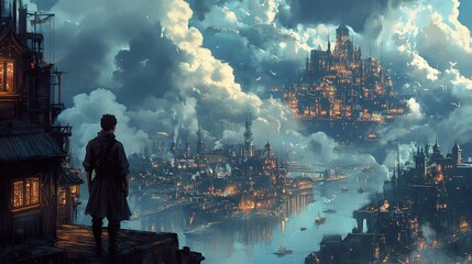 A Man Looks at a Floating City in a Dreamlike Landscape