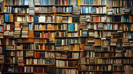 A wall of books fills many wooden shelves