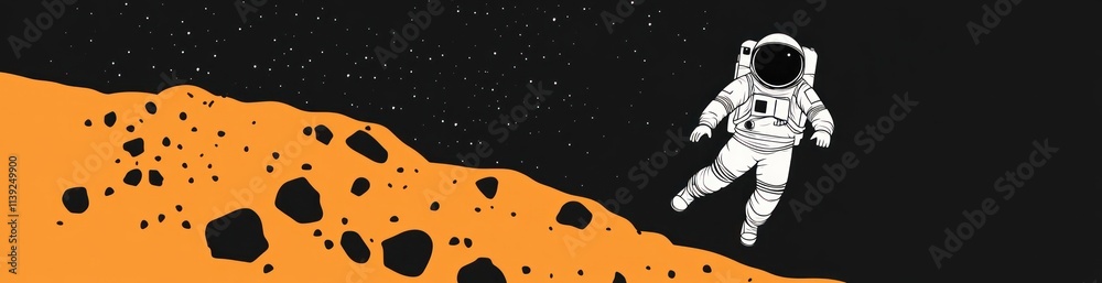 Poster astronaut floats by orange moon surface.