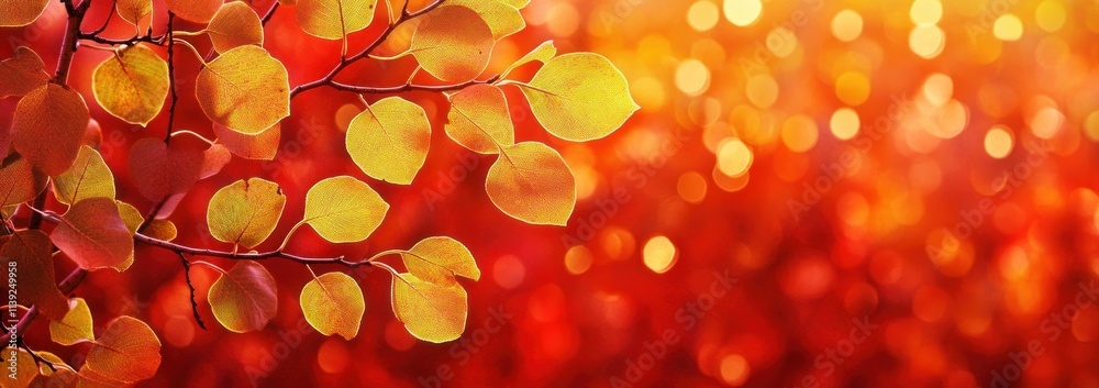 Poster autumn leaves with red bokeh background.