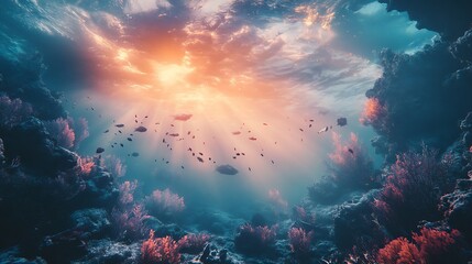 Fototapeta premium Vibrant Underwater Coral Reef Scene with Sunlight and Fish : Generative AI