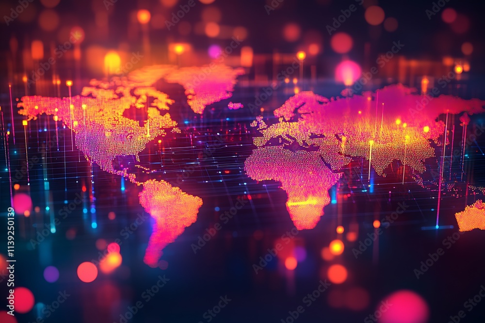 Poster Bright Digital Global Map with Neon Lights and Network Connections Abstract Design : Generative AI