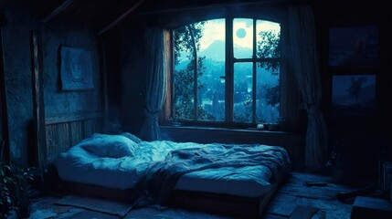 Serene Night Landscape: Moonlit Bedroom with Forest View