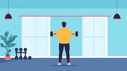 Fototapeta premium A Person Lifting Weights in a Bright and Modern Home Gym with Large Windows and a Relaxing Indoor Plant for a Motivating Workout Environment