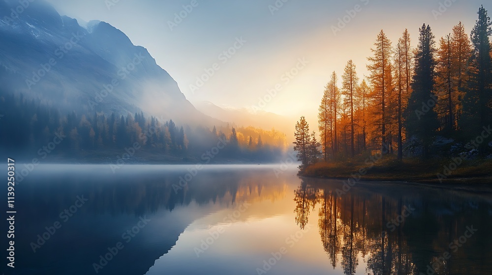 Aufkleber serene autumn morning at misty lake with reflective mountain view : generative ai