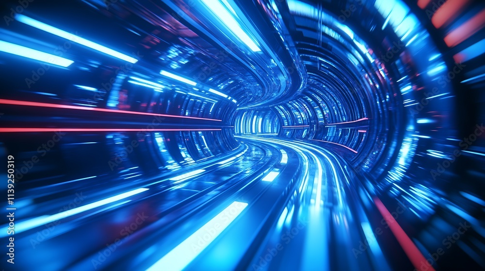 Leinwandbilder cyberpunk sci-fi tunnel with blue and red neon light simulation : generative ai