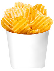 Potato chips in paper bucket isolated on white background, Potato chips on white PNG File.