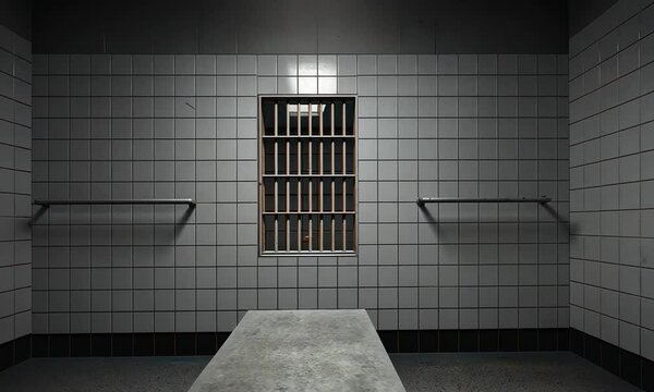 Stark and solitary, a holding cell. White tiles and metal bars frame a small, barred window, offering a glimpse of the outside world. A stark bench sits center, emphasizing the room's bleakness. - Powered by Adobe