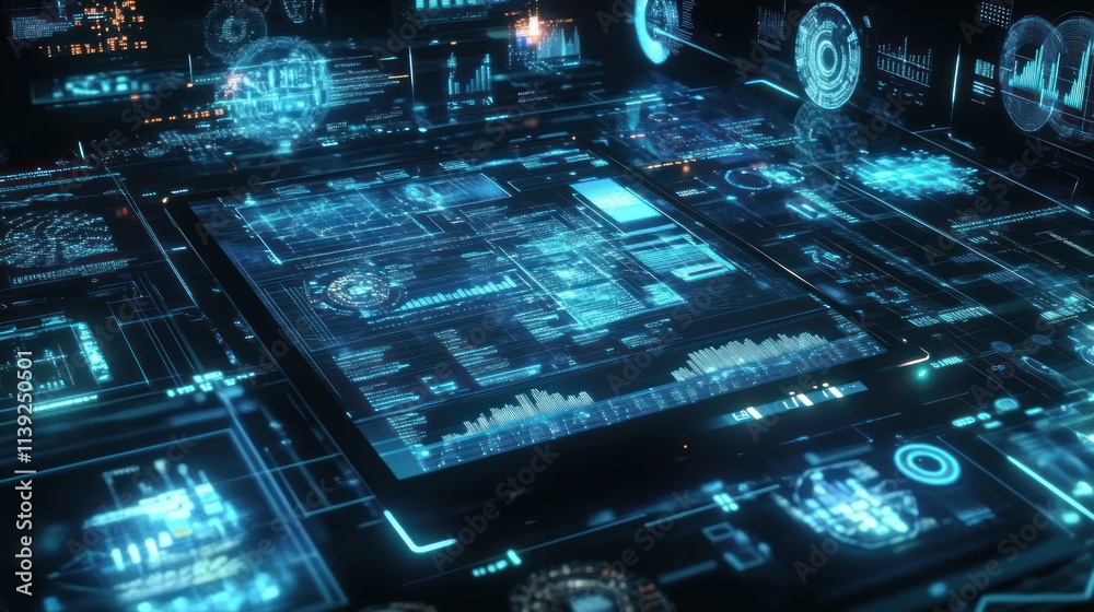 Poster Futuristic blue glowing interface with complex data visualizations.