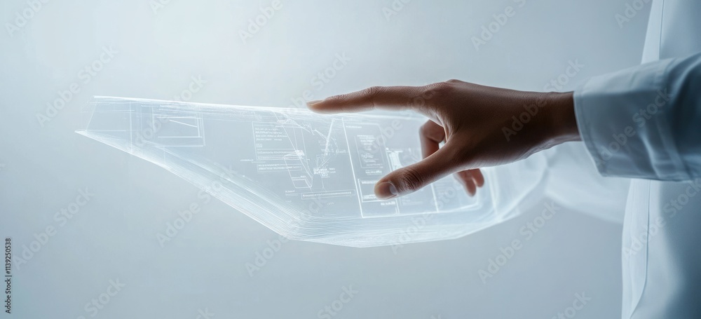 Poster hand touches transparent digital screen with data.
