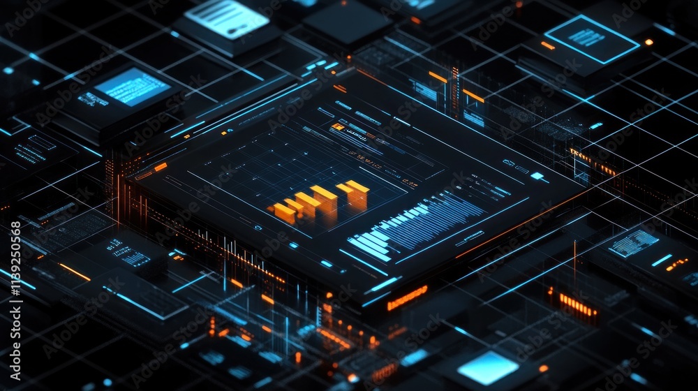 Aufkleber microchip with data graphics, black background.