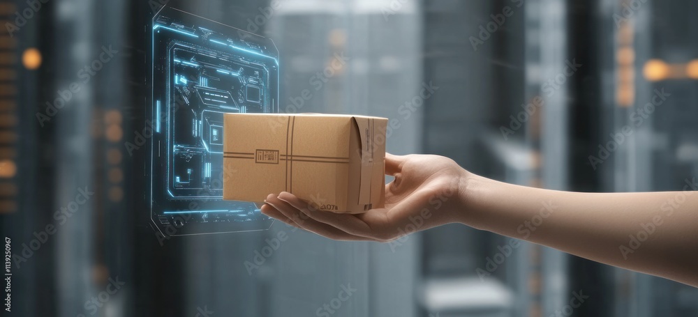 Poster hand holding package with digital interface.