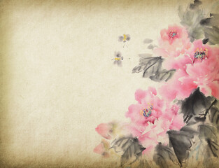 Traditional chinese ink and wash painting of peony flower