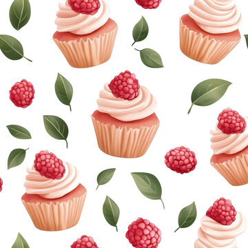 Watercolor seamless pattern of raspberry cupcakes on a white background, artistic and vibrant. cutout png