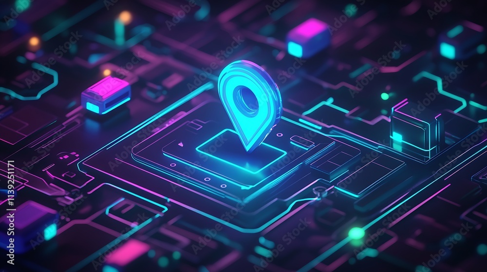 Aufkleber Digital Navigation Map with Illuminated 3D Location Pin on Cyber City Layout : Generative AI
