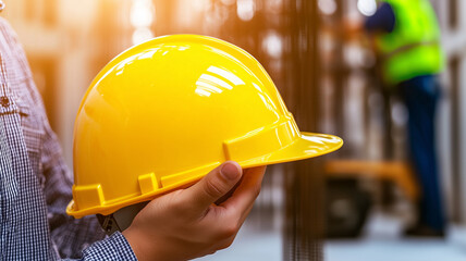 Construction Worker Holding Yellow Hard Hat Safety Equipment
