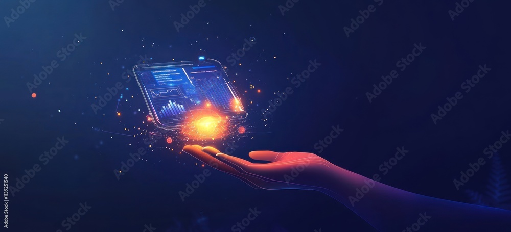 Poster Glowing device hovering over hand, digital chart display.