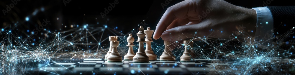 Aufkleber hand making chess move on board with glowing digital network.