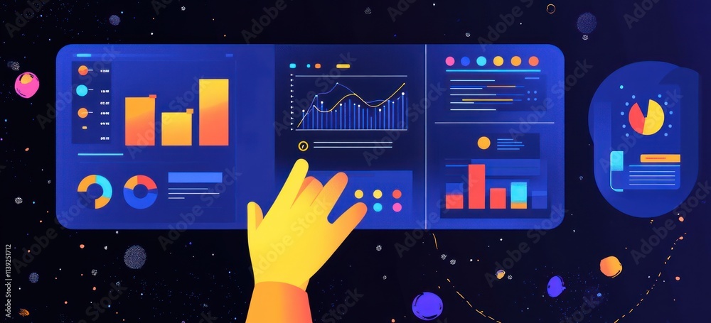 Poster hand touching data screen with bar, line, and pie charts in space background.