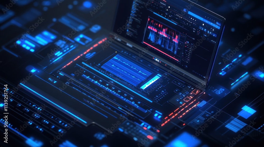 Aufkleber laptop on digital circuit, screen showing audio waves.