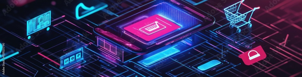 Poster Digital shopping with glowing icons on circuit lines.