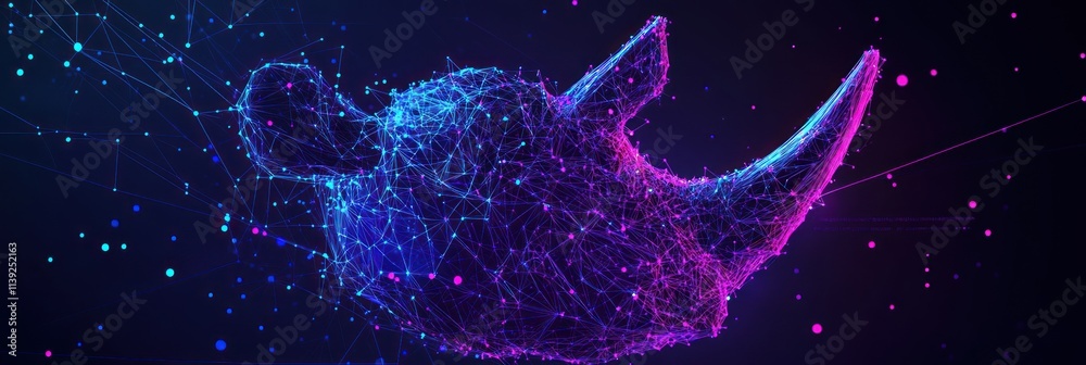 Poster digital rhino formed by neon glowing lines and dots against dark background.