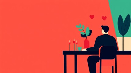A Person Sitting at a Table Surrounded by Greenery and Candles, Enjoying a Moment of Tranquility with a Vibrant Red Background and Heart Icons