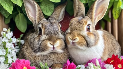 Obraz premium A pair of fluffy rabbits sitting close together in a heart-shaped flower bed, their noses touching as they share a loving gaze