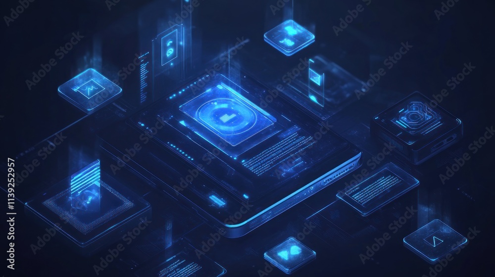 Poster Digital panels with data hovering in blue, dark background.